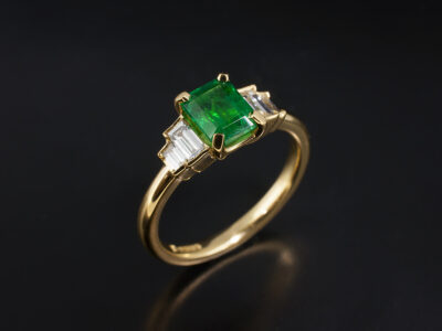 Ladies Emerald and Diamond Ring, 18kt Yellow Gold 4 Claw and Part Rub over Set Design, Emerald Cut Emerald 0.89ct, Baguette Cut Lab Grown Diamonds 0.34 Total (4)