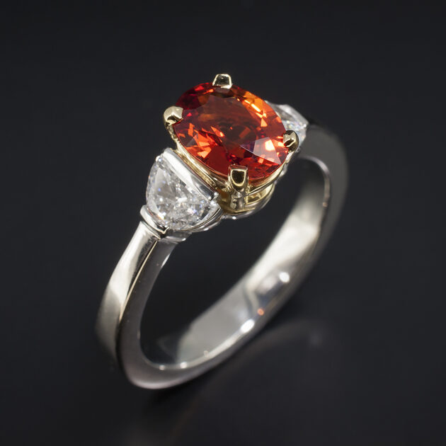 Ladies Orange Sapphire and Diamond Trilogy Dress Ring, Platinum and 18kt Yellow Gold