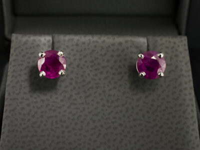 18kt White Gold 4 Claw Set Ruby Stud Earrings, Round Cut Rubies 1.66ct Total (2)