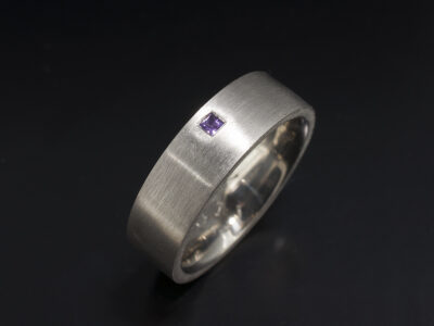 Gents Sapphire Constellation Design Wedding Ring, Platinum Flat Court Secret Set Design, Square Cut Purple Sapphire 0.04ct, Brushed Finish