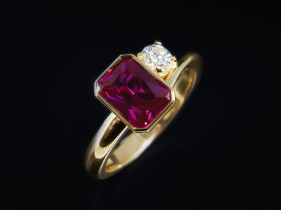 Ladies Ruby and Diamond Engagement Ring, 18kt Yellow Gold Claw and Rub over Set Design, Radiant Cut Lab Grown Ruby 1.81ct, Round Brilliant Cut Lab Grown Diamond 0.25ct