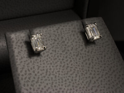 Platinum 4 Claw Basket Set Diamond Stud Earrings, Emerald Cut Diamonds 1.00ct Total (2)