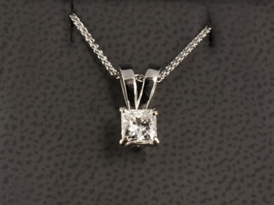 Platinum Claw Set Solitaire Diamond Pendant, Princess Cut Diamond Approx 0.60ct, Double Bale Detail