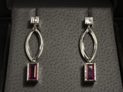 Platinum Rub over Set Diamond and Ruby Drop Earrings, Baguette Cut Rubies 0.83ct (2), Square Step Cut Diamonds 0.12ct (2)