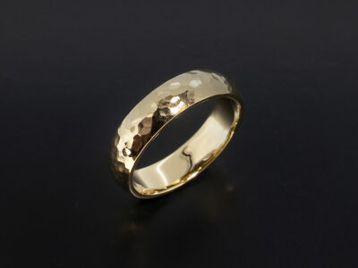 Gents Textured Wedding Ring, 18kt Yellow Gold Court Shaped Design, 5mm Width, Hammered with a Polished Finish