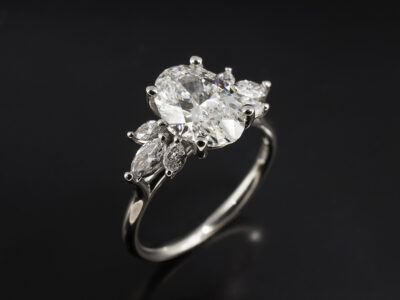 Ladies Lab Grown Diamond Engagement Ring, Platinum Claw Set Design, Oval Cut Lab Grown Diamond 2.02ct, Marquise Cut Lab Grown Diamond 0.40ct Total (6)
