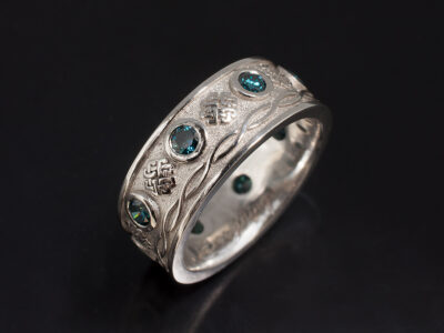 Gents Blue Diamond Celtic Design Wedding Ring, Platinum Rub over Set Celtic Pattern Design, Round Brilliant Cut Blue Diamonds 0.95ct Total (8), Rope Detail Band