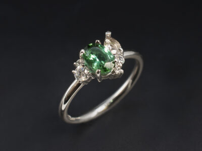 Ladies Diamond and Coloured Stone Engagement Ring, Platinum Claw Set Design, Oval Cut Teal Tourmaline 0.70ct, Pear Shaped Peach Morganite 0.14ct, Round Brilliant Cut Diamonds 0.16ct (4)