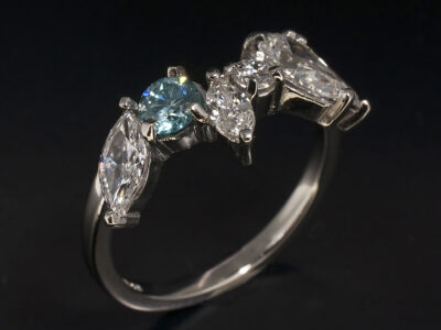 Ladies Multi Stone Dress Ring, Pear Cut Diamond 0.60ct, Round Brilliant Cut Blue Diamond 0.30ct, Marquise Cut Diamonds 0.28ct, 0.20ct, 0.14ct and Round Brilliant Cut Diamond, 0.10ct