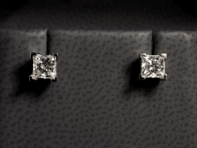 Platinum 4 Claw Set Diamond Solitaire Stud Earrings, Princess Cut Diamonds 0.82ct (2) Total