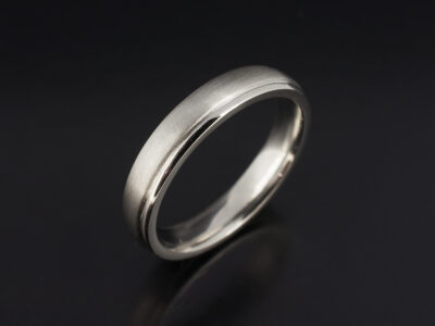 Gents 4mm Platinum Wedding Band, Court Shaped Design with Polished Grooved Line and a Brushed Finish