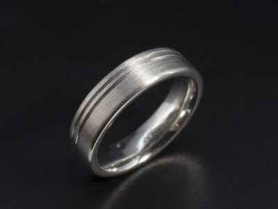 Gents 5mm Platinum Wedding Ring, Rounded Flat Design with Double Tramline Detail