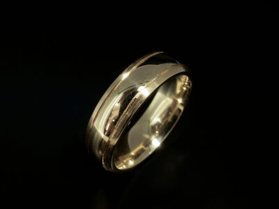 Gents 6mm Court Shaped Wedding Ring, 18kt Yellow Gold Design with Grooved Line Detail, Brushed Finish and Polished inner