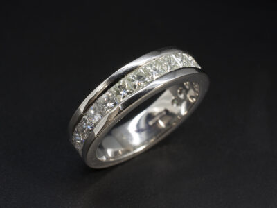 Ladies Diamond Eternity Ring, Platinum Channel Set Design 5mm Width, Princess Cut Diamonds 1.48ct Total (16)
