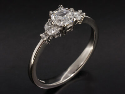 Ladies Lab Grown Diamond Engagement Ring, Platinum Claw Set Design, Hexagon Cut Lab Grown Diamond 0.75ct, Marquise Cut Lab Grown Diamond 0.20ct Total (4), Round Brilliant Cut Lab Grown Diamonds 0.03ct Total (2)