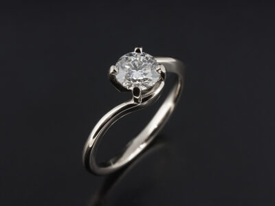 Ladies Solitaire Diamond Engagement Ring, 18kt White Gold 4 Claw Set Twist Design, Round Brilliant Cut Diamond 0.91ct