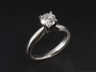 Ladies Solitaire Diamond Engagement Ring, Platinum 4 Claw Set Tapering Design, Round Brilliant Cut Diamond 0.71ct