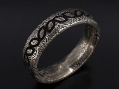 Gents Bespoke Damascus Steel Wedding Ring, 6mm Court Shaped Design, Laser Engraved Detailing, Damascus Bluetongue Flat Pattern