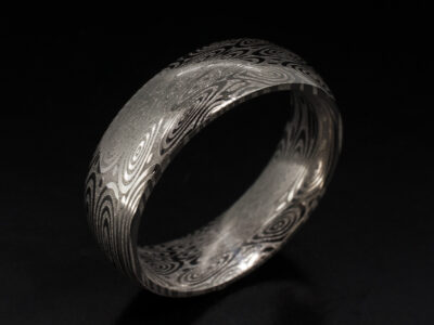 Gents Bespoke Damascus Steel Wedding Ring, 6mm Width Court Shape Design, Damascus Bluetongue Flat Pattern