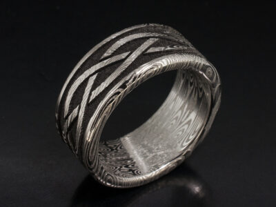 Gents Bespoke Damascus Steel Wedding Ring, 7mm Width Rounded Flat Design, Celtic Laser Engraved Detail, Damascus Bluetongue Flat Pattern