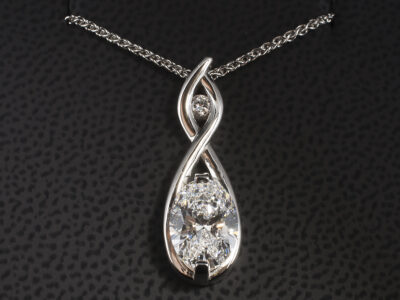 Platinum Mirror Set Twisting Diamond Pendant, Oval Cut Lab Grown Diamond 2.22ct, Round Brilliant Cut Diamond 0.05ct