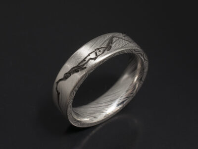 Gents Bespoke Damascus Steel Wedding Ring, 6mm Width Easy Fit Design, Cullin Ridge Laser Engraved Detail, Damascus Heimskringla Pattern