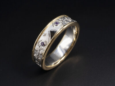 Gents Sapphire Set Scottish theme Wedding Ring, Platinum and 18kt Yellow Gold Rub over Set Design, Purple Sapphire Thistle and Mountain Detail