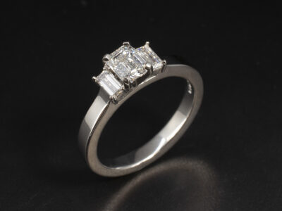 Ladies Lab Grown Diamond Trilogy Engagement Ring, Platinum Claw Set Design, Emerald Cut Lab Grown Diamond 0.50ct, Baguette Cut Lab Grown Diamonds 0.21ct Total (2)