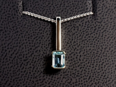 9kt White Gold Part Rub over Set Drop Design Coloured Stone Pendant, Emerald Cut Aquamarine 0.86ct