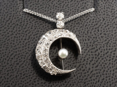 Crescent Moon Design Pearl and Diamond Pendant, Claw Set Design with Millgrain Detail, Round White Pearl 4.1mm, Old Cut Diamonds and Diamond Chips approx. 1.00ct Total (29)