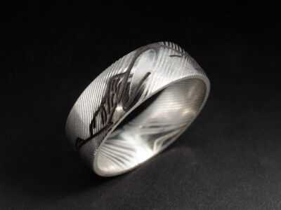 Gents Bespoke Damascus Steel Wedding Ring, 8mm Court Shaped Design, Damascus Dense Twist Pattern with Laser Engraved Landscape Detail