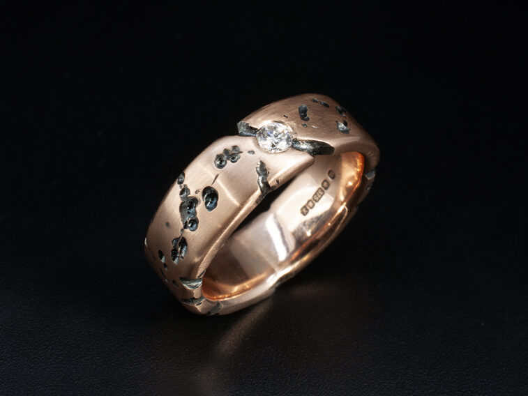 Gents Diamond Textured Wedding Ring, 9kt Rose Gold Secret Set Design, Pitted Texture, Round Brilliant Cut Diamond 0.15ct