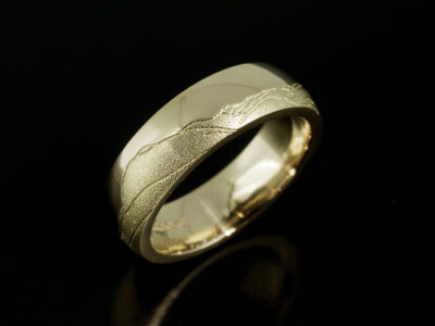 Gents Scottish Mountain Wedding Ring, 18kt Yellow Gold Court Shape Design with Ben A’an Detail, 6mm Width