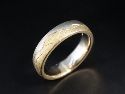 Gents Two Tone Wedding Ring, Platinum and 18kt Yellow Gold Landscape Design, 5mm Width
