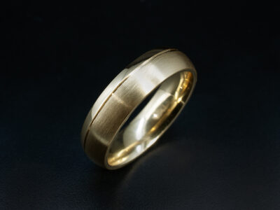 Gents Wedding Ring. 18kt Yellow Gold Court Shaped Design, Offset Tramline Detail
