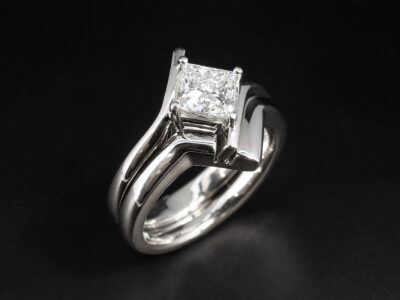 Ladies Bespoke Fitted Wedding Ring, Platinum Fitted Design with Metal Cut-out, shown with Matching Engagement Ring