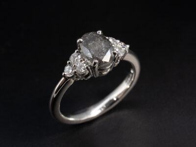 Ladies Coloured Diamond Engagement Ring, Platinum Claw Set Design, Oval Cut Salt and Pepper Diamond 1.14ct, Round Brilliant Cut Lab Grown Diamond Sides 0.24ct Total