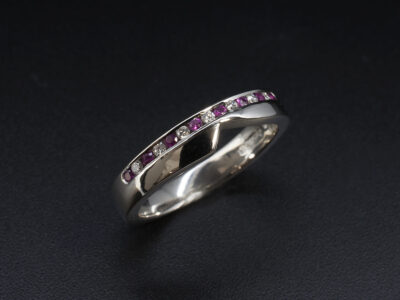 Ladies Diamond and Sapphire Eternity Ring, Platinum Channel Set Fitted Offset Design, Round Brilliant Cut Diamonds 0.07ct Total (7), Round Cut Pink Sapphires 0.10ct Total (8)