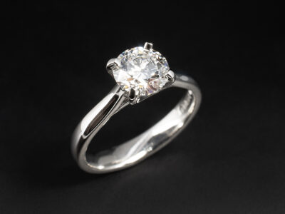 Ladies Lab Grown Diamond Solitaire Engagement Ring, Platinum 4 Claw Set Open Lattice Design with Gradually Tapering Shoulder, Round Brilliant Cut Diamond 1.06ct