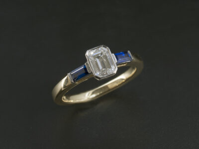 Ladies Lab Grown Diamond and Sapphire Trilogy Engagement Ring, 18kt Yellow Gold and Platinum Claw Set Design, Emerald Cut Lab Grown Diamond 0.60ct, Baguette Cut Blue Sapphires 0.27ct Total (2)