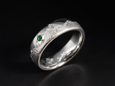 Gents French Alps Design Wedding Ring, Platinum Pavé Set Hand Engraved Design, ‘Aiguille Percee' Landscape Design, Round Cut Emerald