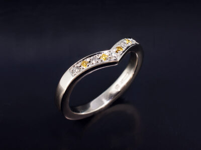 Ladies Diamond Set Wishbone Shaped Wedding Ring, Platinum Pavé Set Design, Round Brilliant Cut Yellow Diamonds 0.06ct, Round Brilliant Cut Diamonds 0.07ct