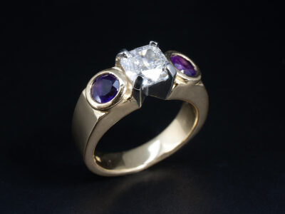 Ladies Diamond and Amethyst Engagement Ring, 18kt Yellow and White Gold Claw and Rub over Set Design, Cushion Cut Lab Grown Diamond 1.50ct, Round Cut Amethysts Approx 0.80ct Total (2)