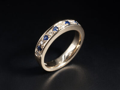 Ladies Diamond and Sapphire Eternity Ring, 9kt Yellow Gold Alternating Pavé Set Design, Round Brilliant Cut Diamonds 0.25ct Total (7), Round Cut Blue Sapphires 0.26ct Total (6)