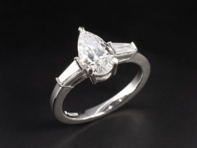 Ladies Lab Grown Diamond Engagement Ring, Platinum Claw and Bar Set Design, Pear Cut Lab Grown Diamond 1.40ct, Tapered Baguette Cut Lab Grown Diamonds 0.47ct Total (2)