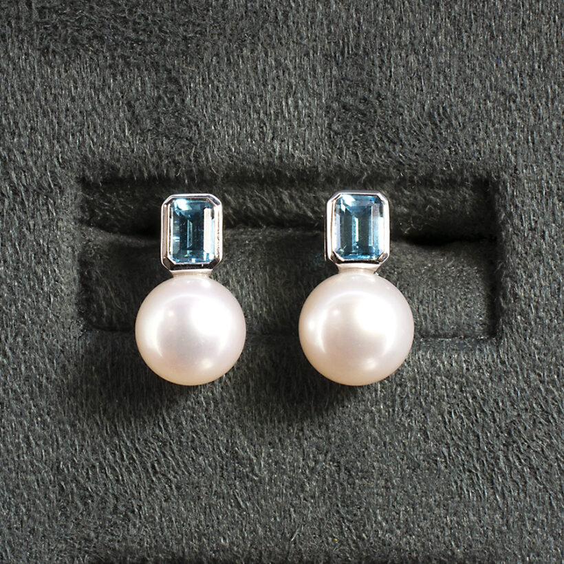 Pearl and Blue Topaz Drop Earrings in 18kt White Gold