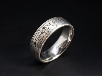 Gents Isle of Skye Landscape Bespoke Wedding Ring, Platinum Secret Set Court Shaped Design, Round Brilliant Cut Green Diamond 0.01ct, Old Man of Storr Detail