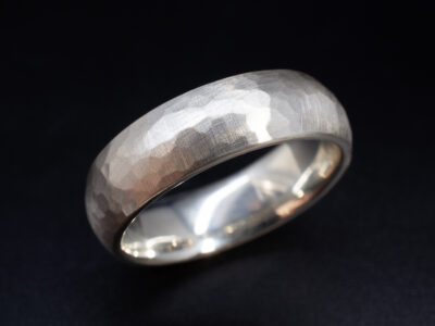 Gents Textured Finish Wedding Ring, 9kt White Gold Hammered Design, 6mm Width