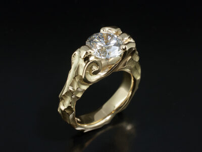 Ladies Contemporary Solitaire Diamond Engagement Ring, 18kt Yellow Gold Design, Round Brilliant Cut Diamond 2.34ct, Organic Design