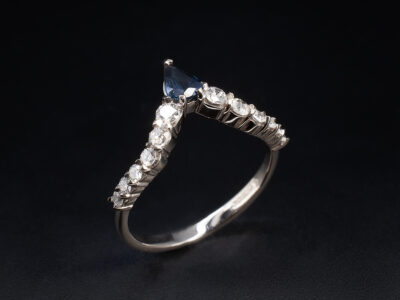 Ladies Diamond and Sapphire Wishbone Shaped Eternity Ring, 18kt White Gold Claw Set Design, Pear Cut Sapphire 0.30ct, Round Brilliant Cut Diamonds 0.32ct Total (10)